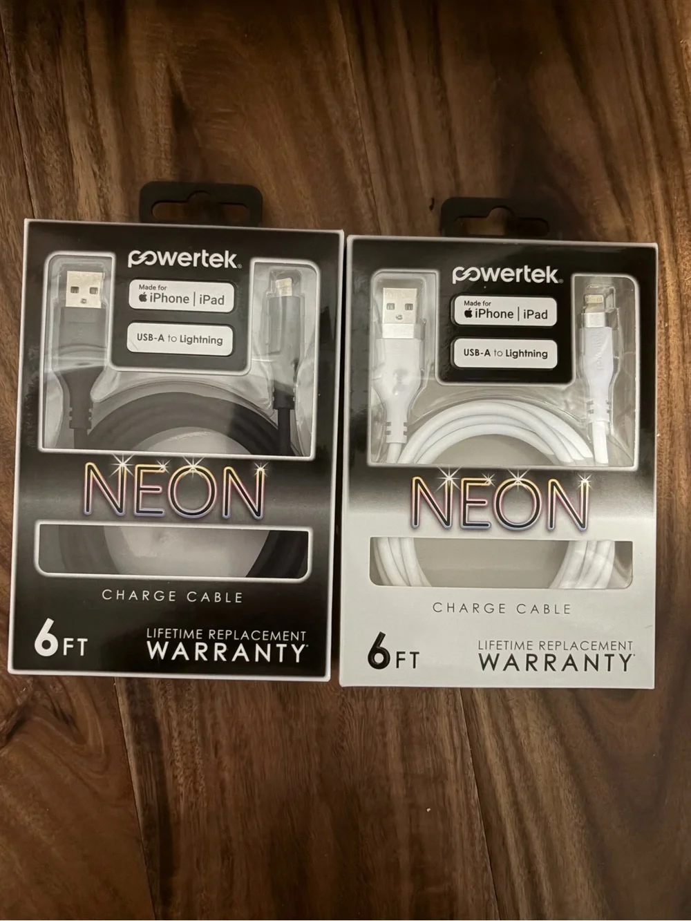 Powertek NEON 6ft USB-A to Lightning Charge Cable - 2 pack 1 Black & 1 White